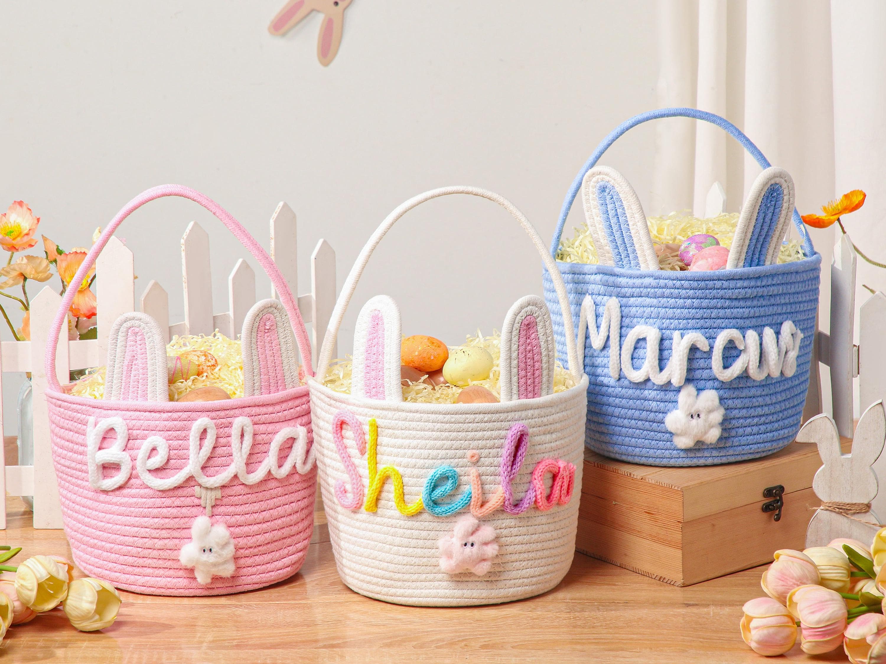 Personalized Easter Bunny Basket with name, Easter Basket for Kids, Easter Egg Hunt Basket,Easter Bunny Bucket, Toy Basket, Basket with Toy