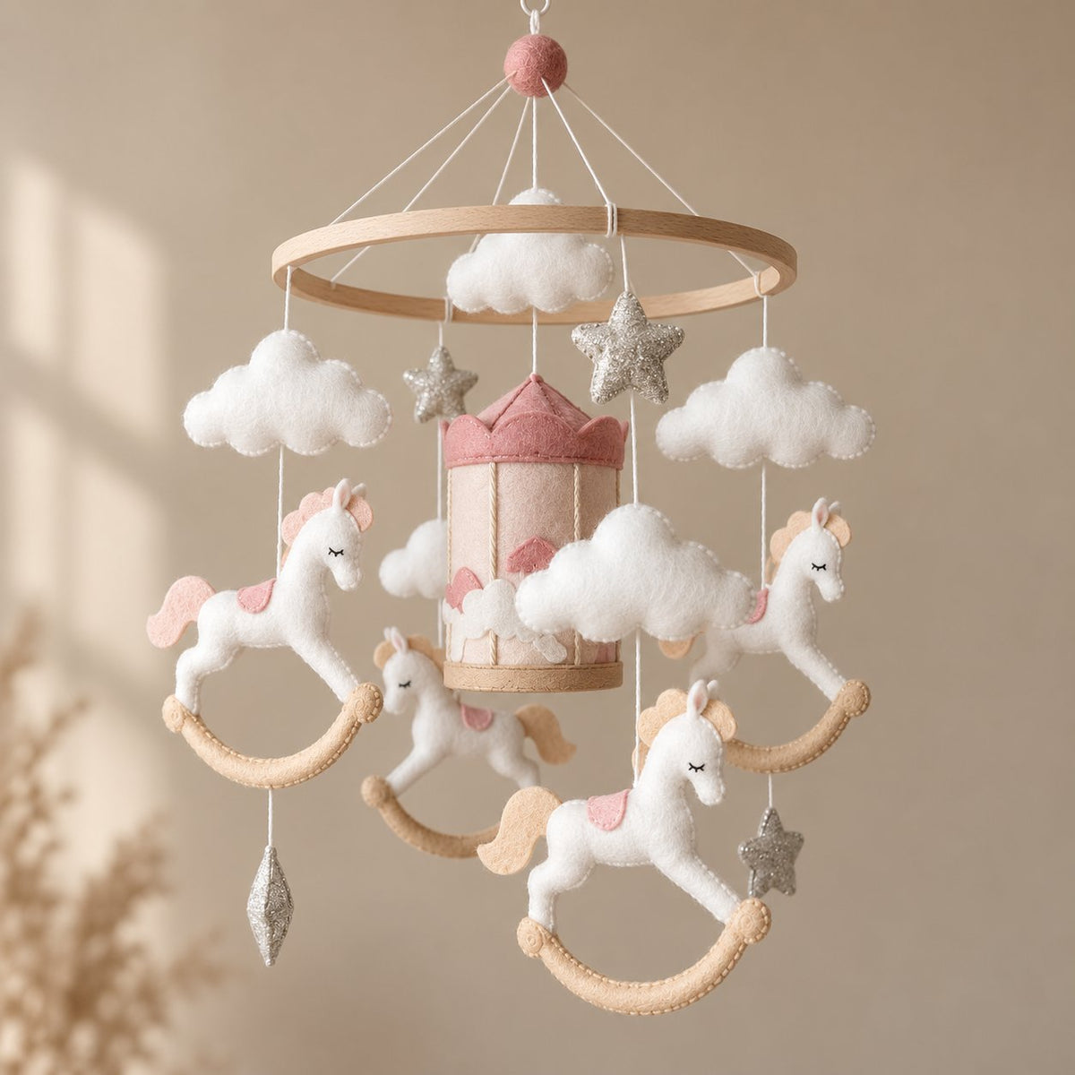 Unicorn Baby Mobile, Handmade Felt Crib Mobile with Rocking Horse Carousel Theme, Princess Nursery Decor, Baby Girl Room Gift BBMB34