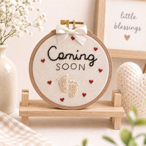 Coming Soon Embroidery Hoop, Hand Embroidered Pregnancy Announcement, Baby Feet Hoop Art, Handmade Baby Reveal Gift, Nursery Decor EM15