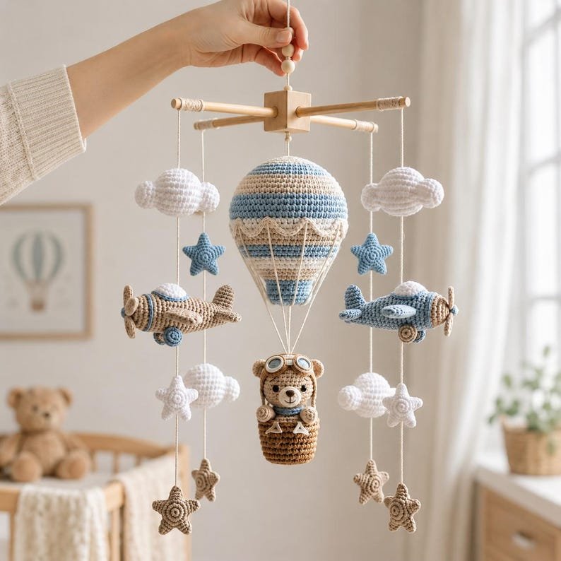 Bear Hot Air Balloon Baby Crib Mobile, Handmade Crochet Aviation Mobile, Airplane Nursery Decor, Pilot Bear Baby Mobile, Baby Boy Gift CrochetBBM15