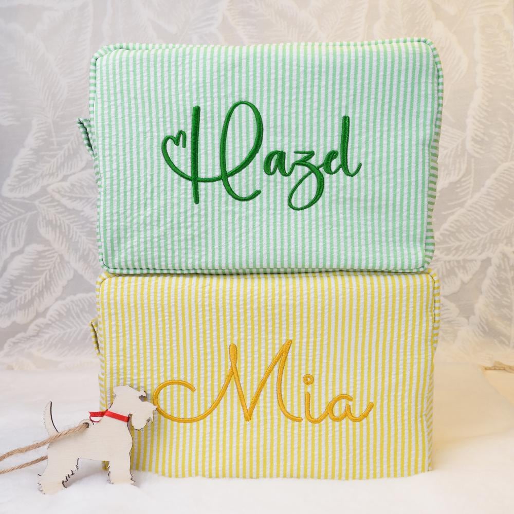 Custom Embroidered Seersucker Toiletry Bag, Personalized Name Travel Pouch, Bridesmaid Gift