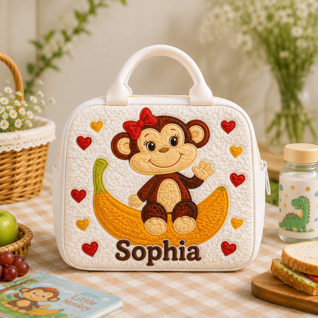 Cute Baby Monkey Quilted Lunch Bag, Insulated Quilted Lunch Tote, Monkey Lunch Bag, Custom Kid Lunch Bag, Back To School Bag, Picnic Bag, Reusable Lunch Tote QLB17