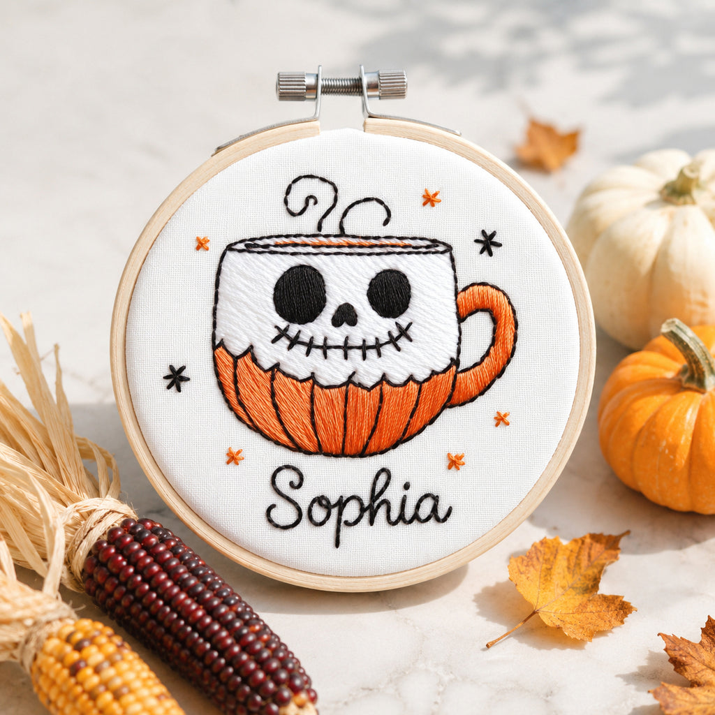 Personalized Halloween Skull Mug Hand-Embroidery Hoop, Custom Name Wall Art, Spooky Coffee Cup Decor, Handmade Fall GiftHOOP18