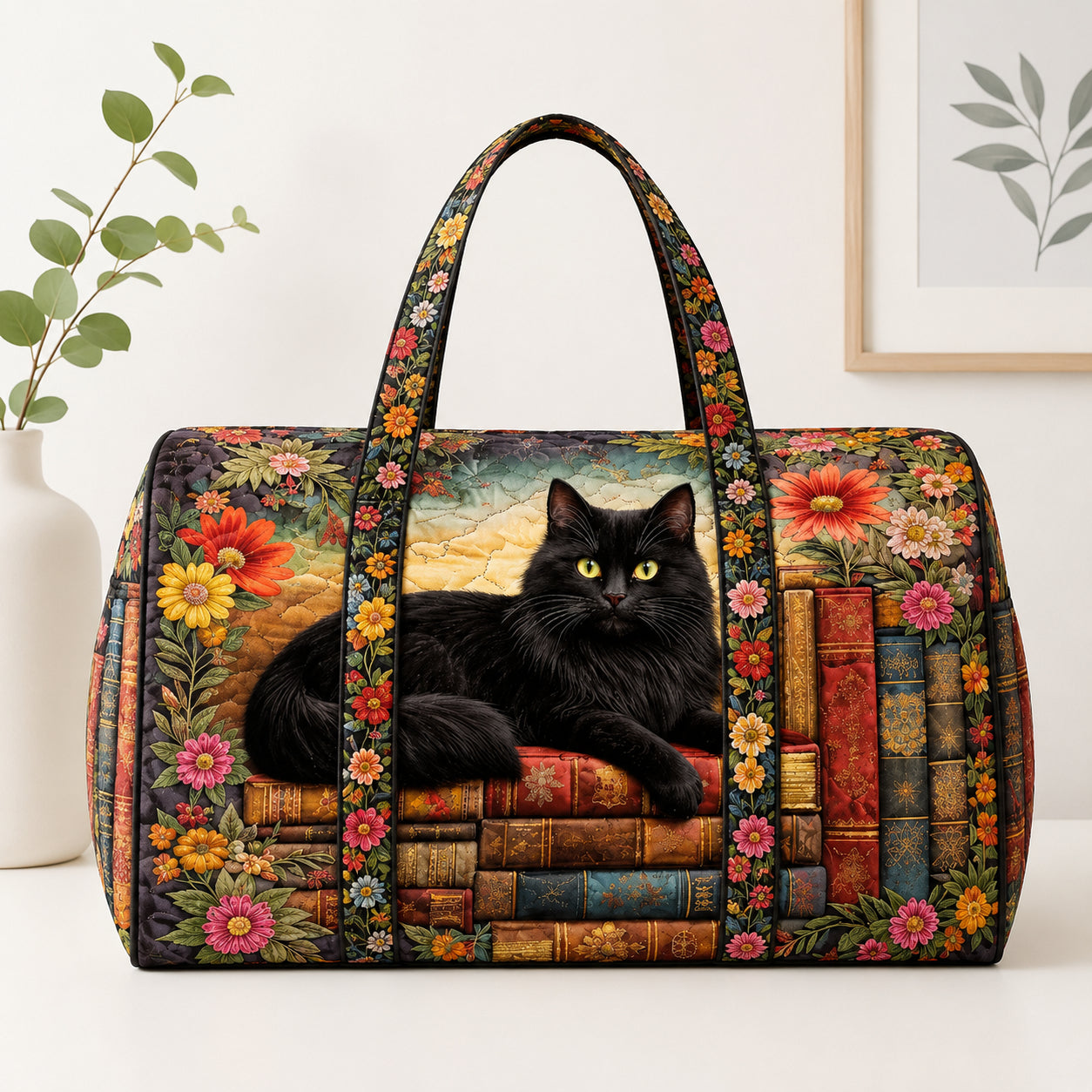 Black Cat Quilted Travel Bag, Book Lover Weekender Bag, Cat Duffle Bag, Family Trip Bag QTTVB14