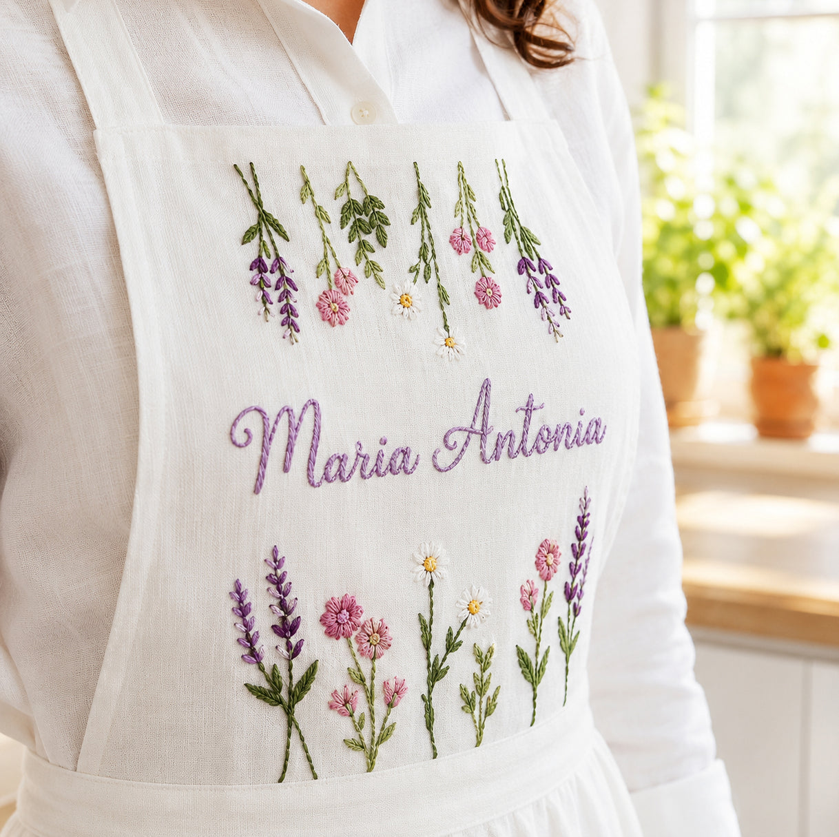 Custom Flowers Hand Embroidered Apron, Handmade Floral Apron With Pocket, Embroidered Apron, Linen Apron, Gardening Apron, Kitchen Apron, Mom Gift EMAP18