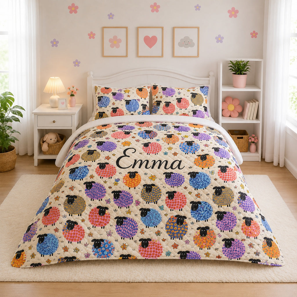 Colorful Sheep Quilted Bedding Set, Sheep Blanket, Custom Farm Animal Quilt with Pillow Covers, Bedroom Decor QBEDSET15