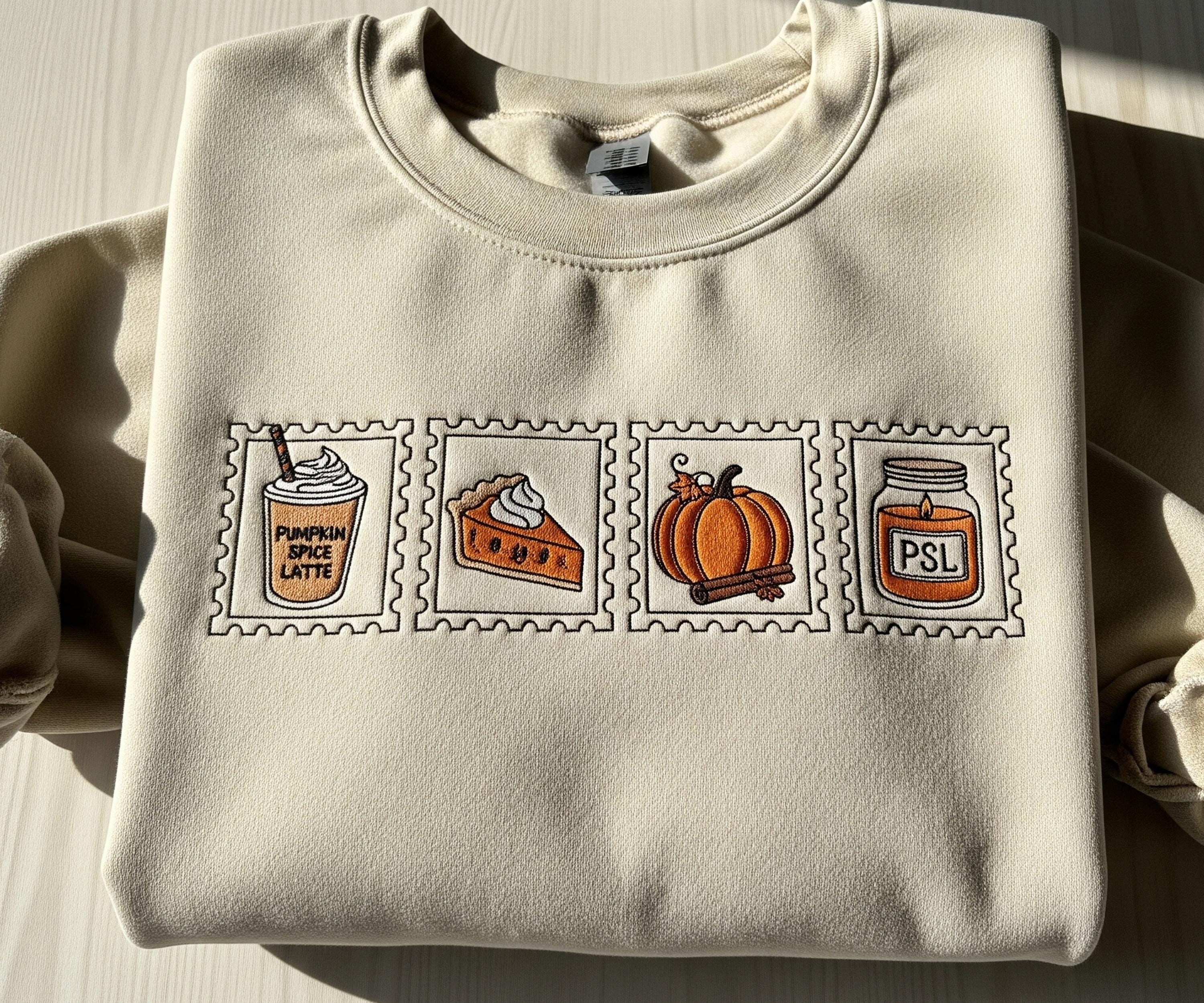 Embroidered Pumpkin Spice Postage Stamp Sweatshirt for Women, Cozy Autumn Pumpkin Crewneck, Cute Thanksgiving Spooky Season Shirt