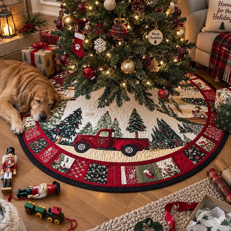 Vintage Red Truck Quilted Tree Skirt, Patchwork Xmas Tree Skirt, Holiday Decor, Xmas Tree Base Cover, Custom Tree Skirt XMASTS17