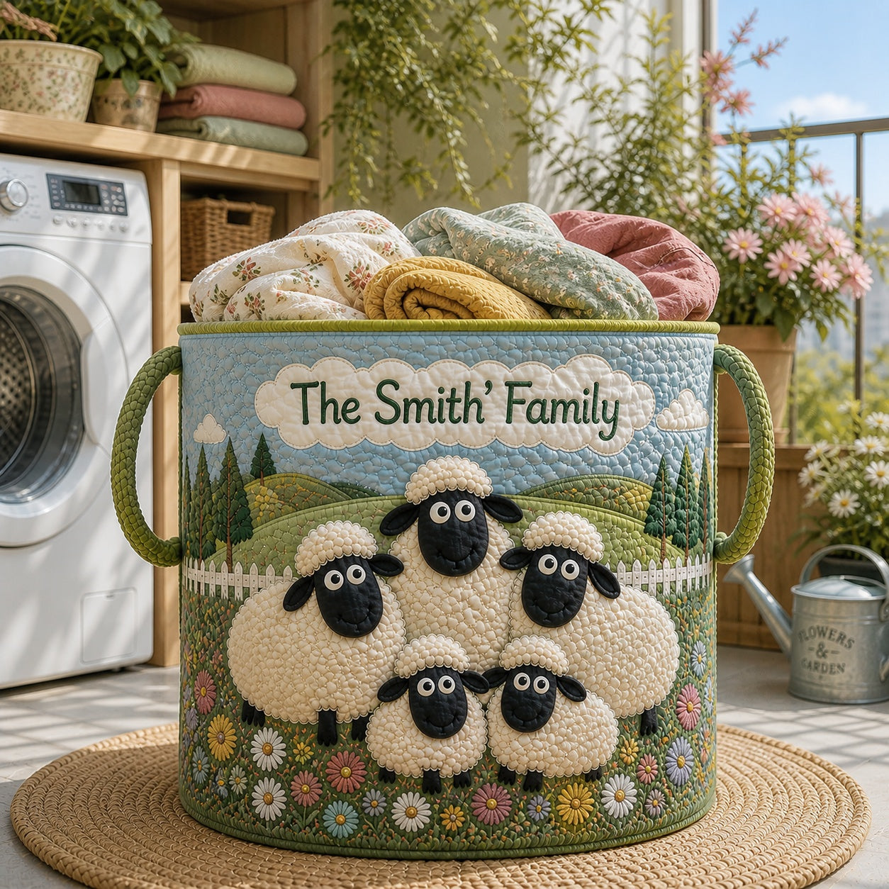 Custom Family Sheep Pattern Quilted Laundry Basket, Sheep Storage Hamper, Custom Name Quilted Basket, Laundry Room Decor, Family Basket, Fabric Clothes Basket QBK82