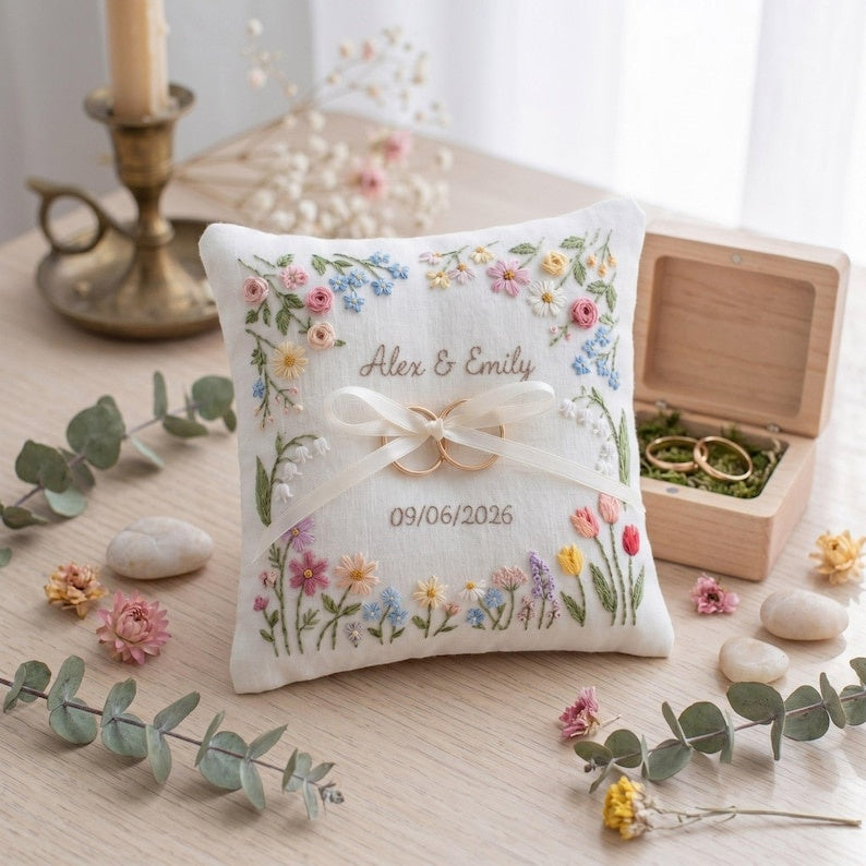 Personalized Embroidered Floral Wedding Ring Bearer Pillow, Custom Wedding Ring Pillow, Wedding Keepsake Gift WPILLOW17