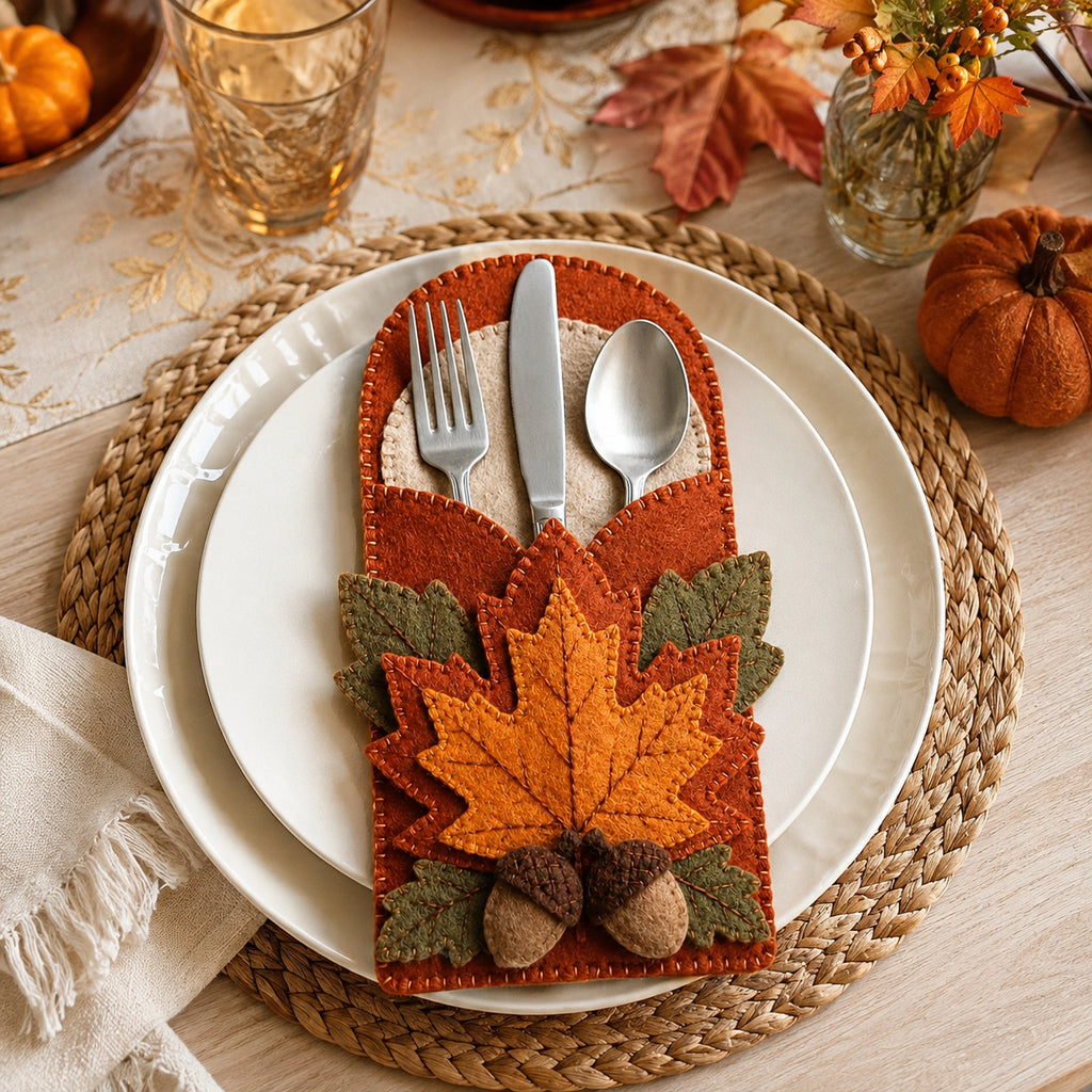 Maple Leaf Felt Silverware Holder, Fall Cutlery Pocket, Thanksgiving Table Decor, Autumn Dining Decor FELTCH17