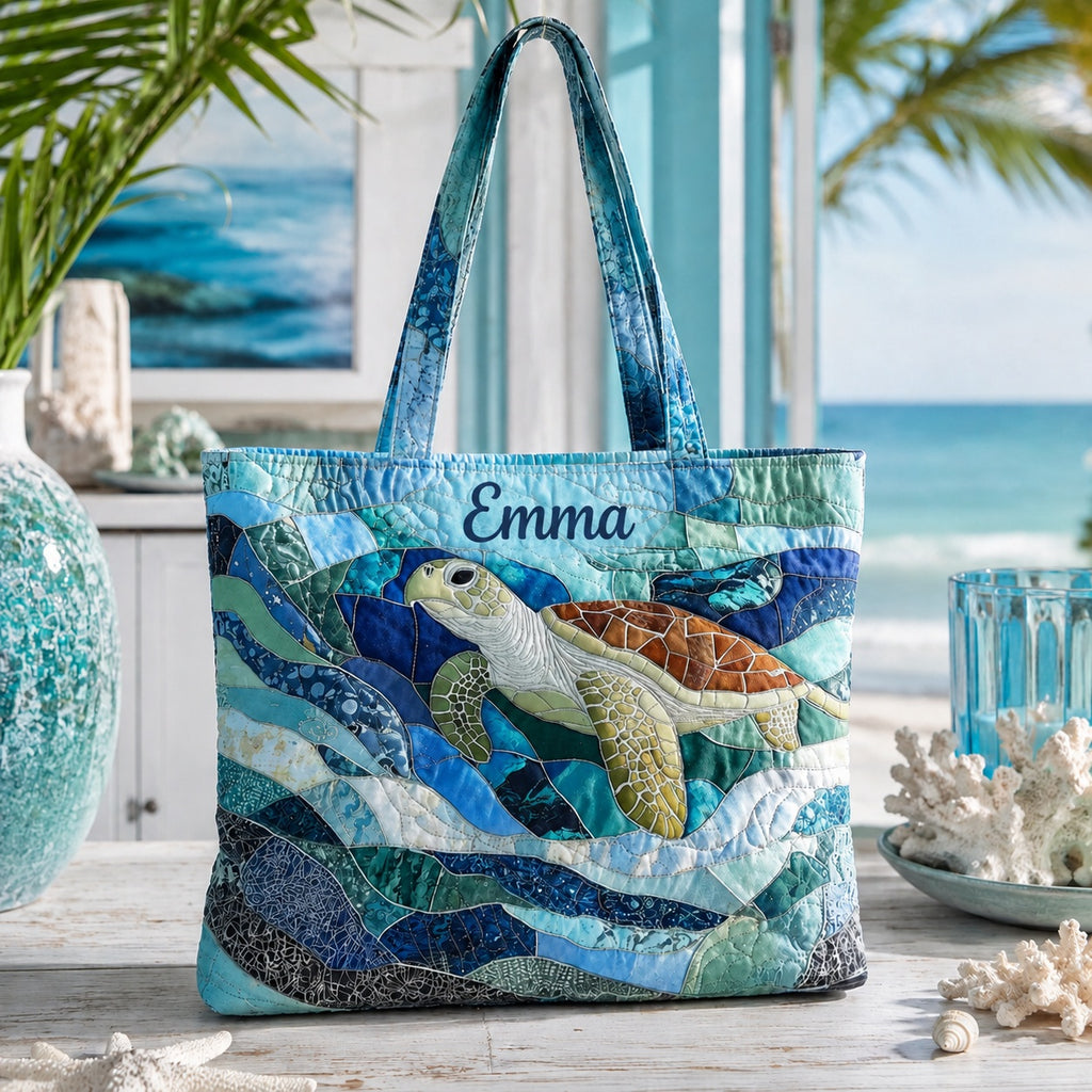 Ocean Mosaic Art Pattern Quilted Tote Bag, Sea Turtle Shoulder Bag, Marine Life Art Tote, Fabric Tote Bag, Gift Bag QTOTE41