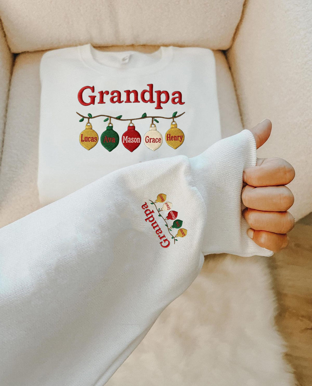 Embroidered Grandpa Christmas Sweatshirt, Personalized Grandkids Name Ornament Sweater, Custom Granddad Xmas Gift, Family Holiday Jumper