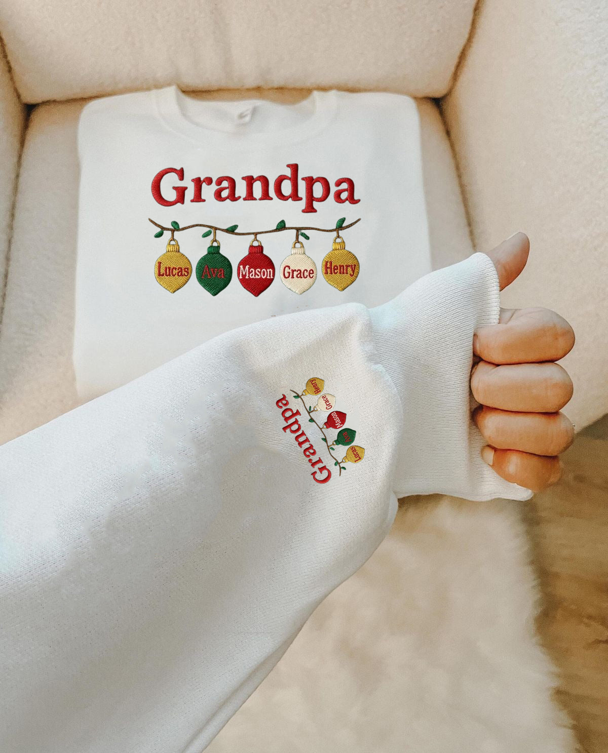Embroidered Grandpa Christmas Sweatshirt, Personalized Grandkids Name Ornament Sweater, Custom Granddad Xmas Gift, Family Holiday Jumper