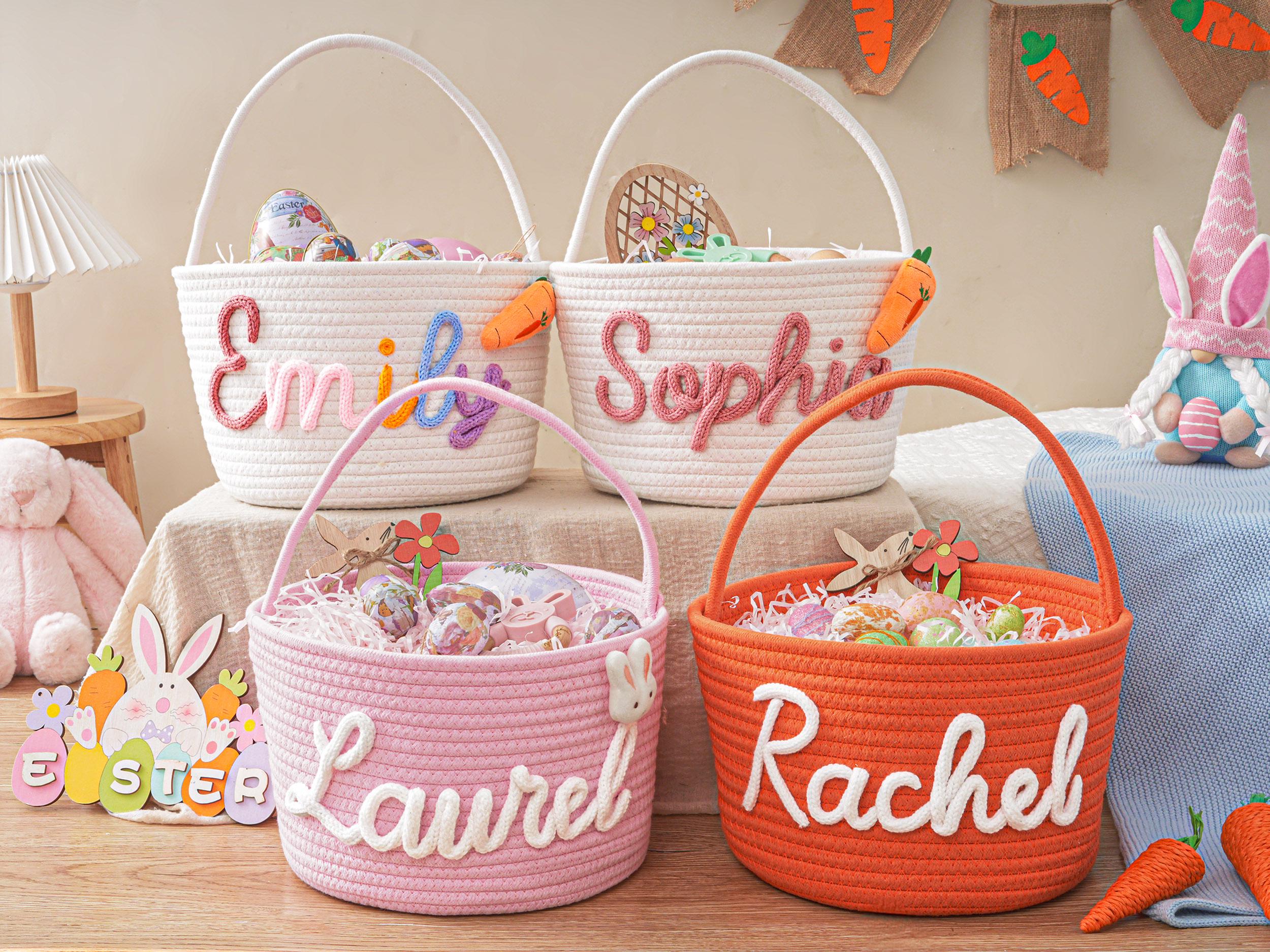 Personalized Easter Basket with Name, Handwoven Rope Basket, Easter Bunny Gift for Kids, Easter Egg Hunt Basket, Baby Shower Gift