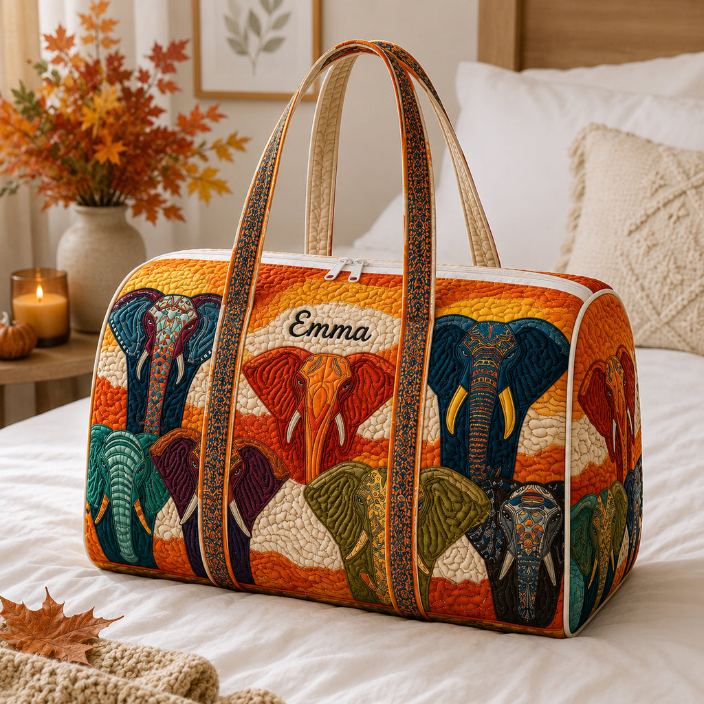 Personalized Elephant Quilted Duffle Bag, African Safari Travel Bag, Custom Name Weekender Bag, Wildlife Lover Gift DFB39