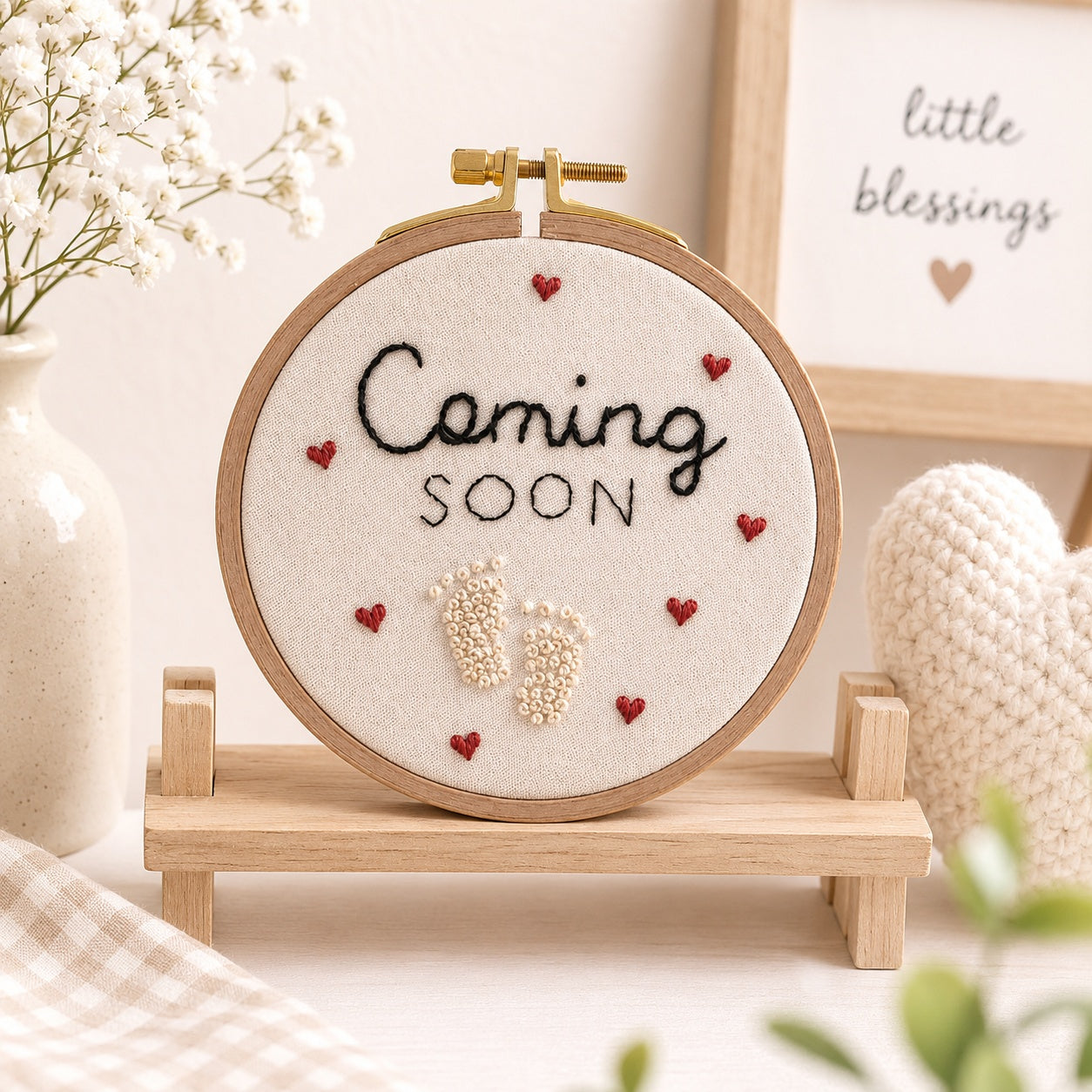 Coming Soon Embroidery Hoop, Hand Embroidered Pregnancy Announcement, Baby Feet Hoop Art, Handmade Baby Reveal Gift, Nursery Decor EM15