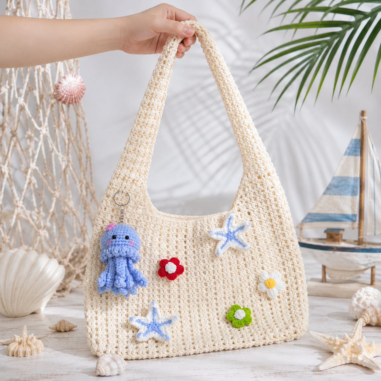 Crochet Beach Tote Bag, Vintage Crochet Bag, Starfish Shoulder Bag, Handmade Coastal Summer Purse Crochet10