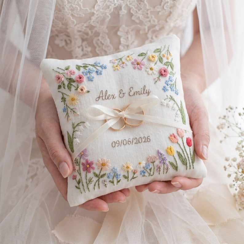 Personalized Embroidered Floral Wedding Ring Bearer Pillow, Custom Wedding Ring Pillow, Wedding Keepsake Gift WPILLOW17