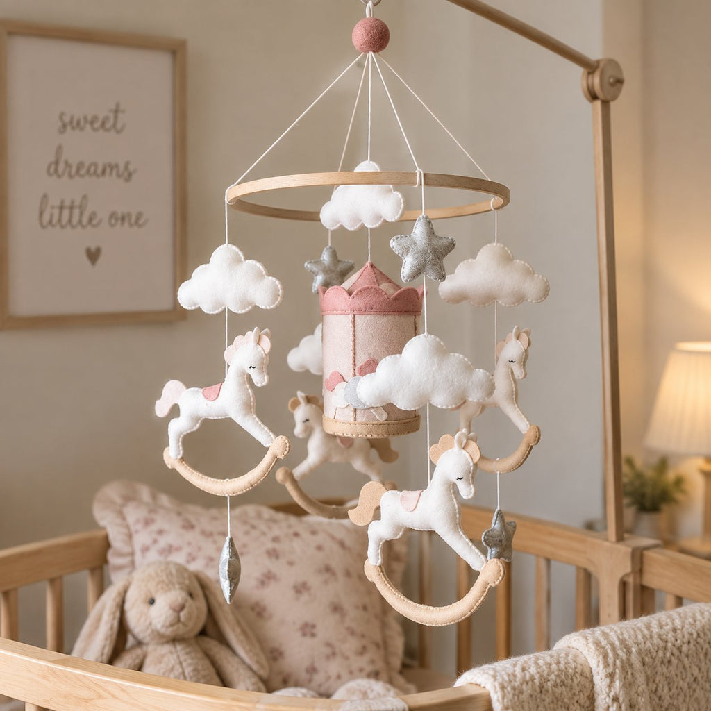 Unicorn Baby Mobile, Handmade Felt Crib Mobile with Rocking Horse Carousel Theme, Princess Nursery Decor, Baby Girl Room Gift BBMB34