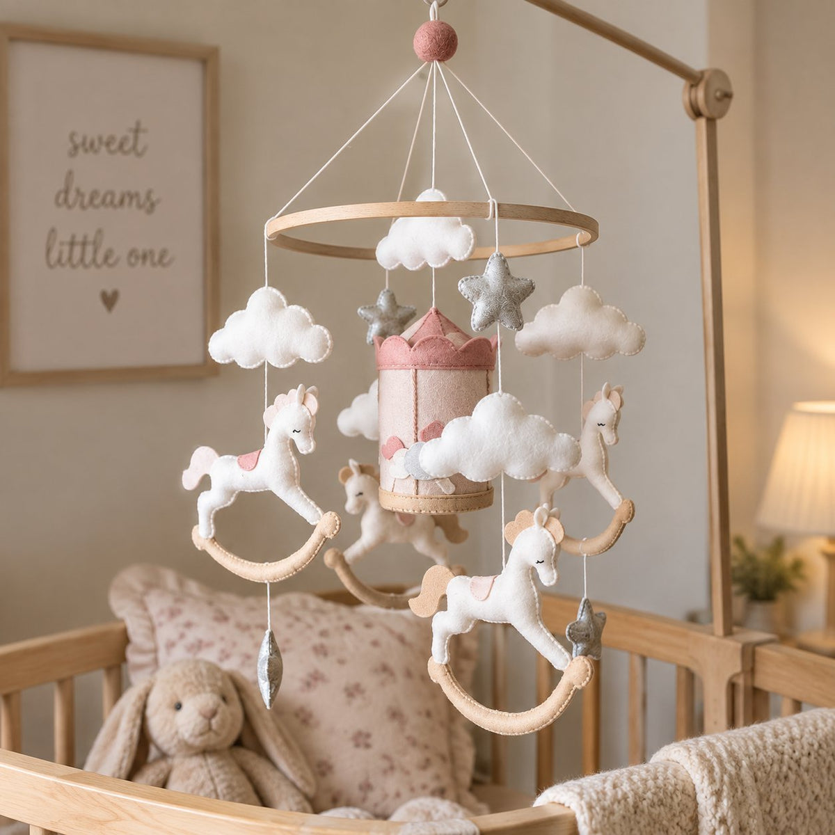 Unicorn Baby Mobile, Handmade Felt Crib Mobile with Rocking Horse Carousel Theme, Princess Nursery Decor, Baby Girl Room Gift BBMB34