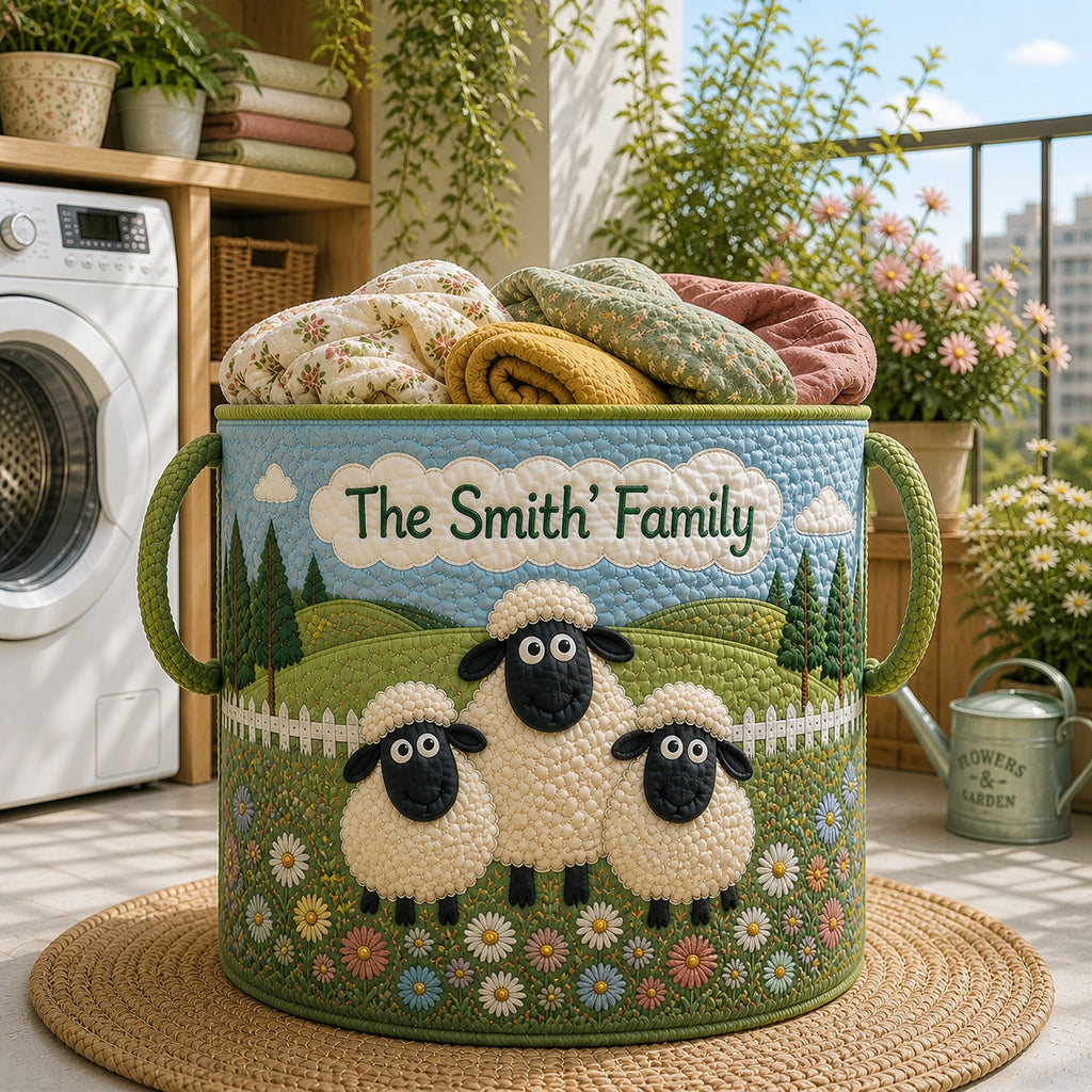 Custom Family Sheep Pattern Quilted Laundry Basket, Sheep Storage Hamper, Custom Name Quilted Basket, Laundry Room Decor, Family Basket, Fabric Clothes Basket QBK82