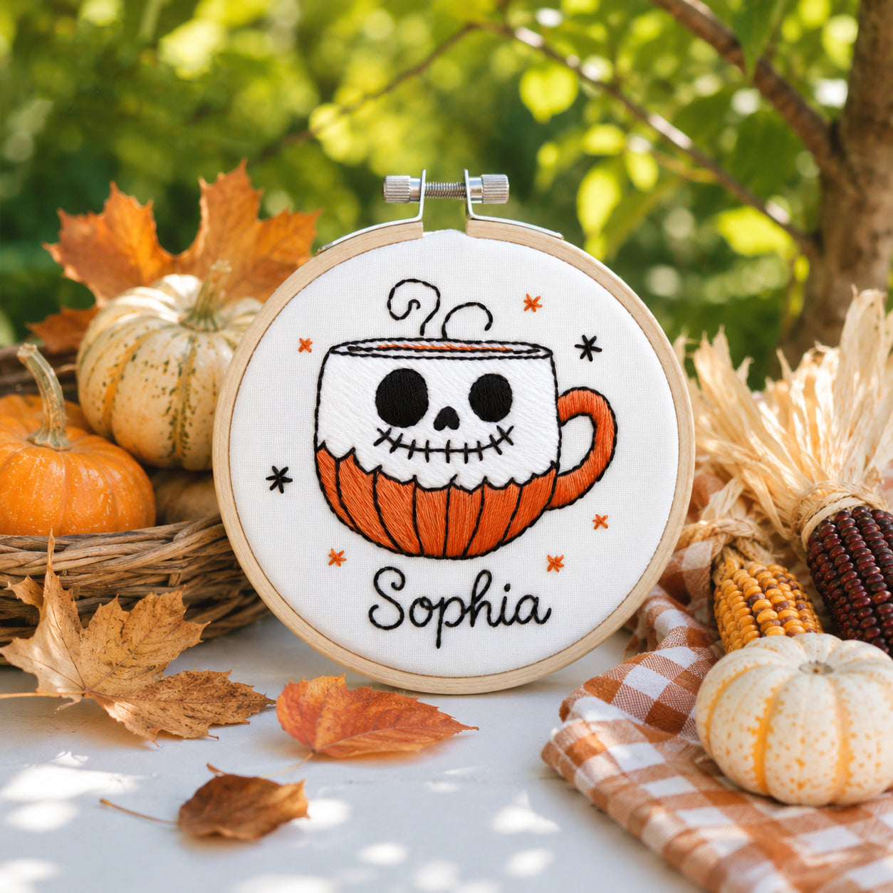 Personalized Halloween Skull Mug Hand-Embroidery Hoop, Custom Name Wall Art, Spooky Coffee Cup Decor, Handmade Fall GiftHOOP18