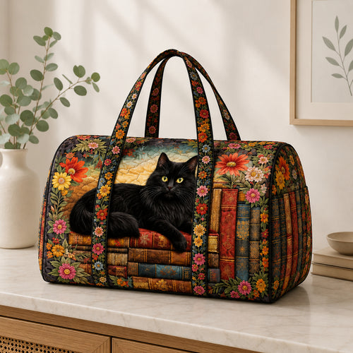 Black Cat Quilted Travel Bag, Book Lover Weekender Bag, Cat Duffle Bag, Family Trip Bag QTTVB14