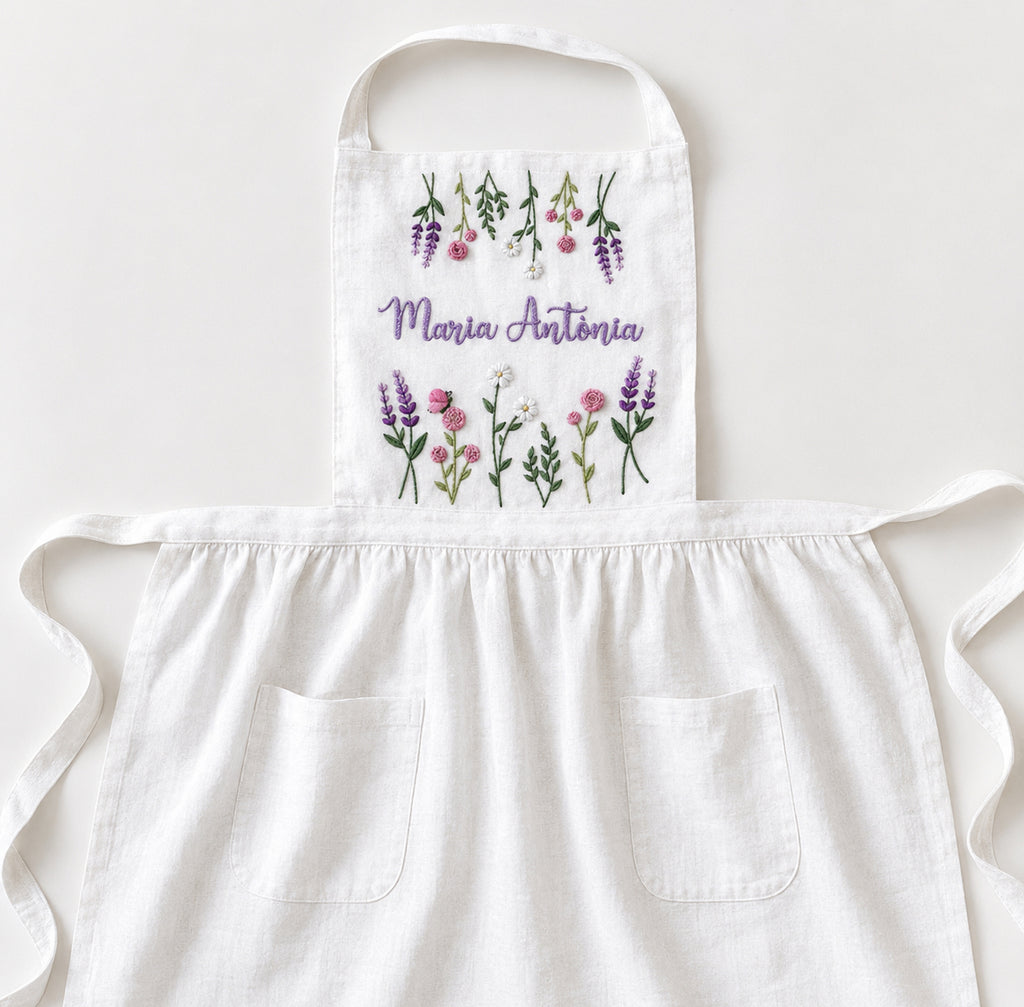 Custom Flowers Hand Embroidered Apron, Handmade Floral Apron With Pocket, Embroidered Apron, Linen Apron, Gardening Apron, Kitchen Apron, Mom Gift EMAP18