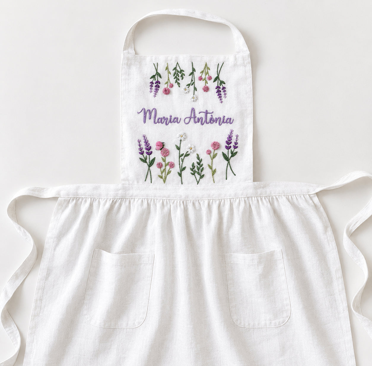 Custom Flowers Hand Embroidered Apron, Handmade Floral Apron With Pocket, Embroidered Apron, Linen Apron, Gardening Apron, Kitchen Apron, Mom Gift EMAP18