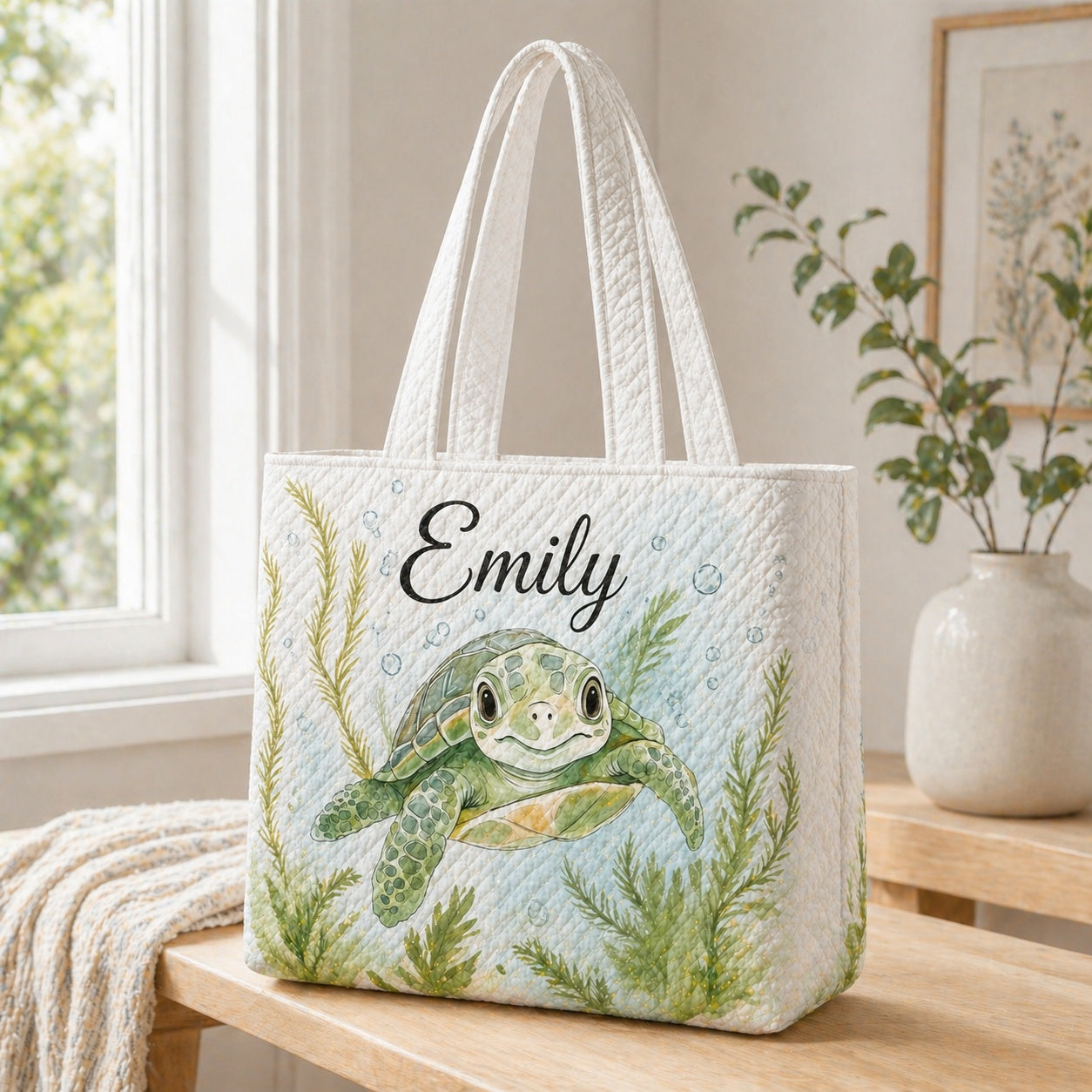 Sea Turtle Quilted Tote Bag, Turtle Tote Bag, Quilted Shoulder Bag, Quilted Book Bag, Fabric Bag QTOTE70