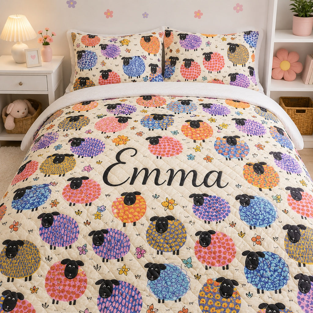 Colorful Sheep Quilted Bedding Set, Sheep Blanket, Custom Farm Animal Quilt with Pillow Covers, Bedroom Decor QBEDSET15