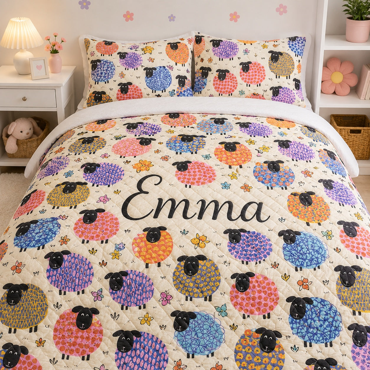 Colorful Sheep Quilted Bedding Set, Sheep Blanket, Custom Farm Animal Quilt with Pillow Covers, Bedroom Decor QBEDSET15