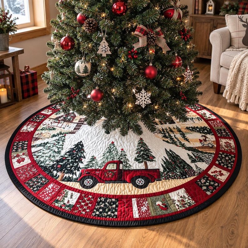 Vintage Red Truck Quilted Tree Skirt, Patchwork Xmas Tree Skirt, Holiday Decor, Xmas Tree Base Cover, Custom Tree Skirt XMASTS17