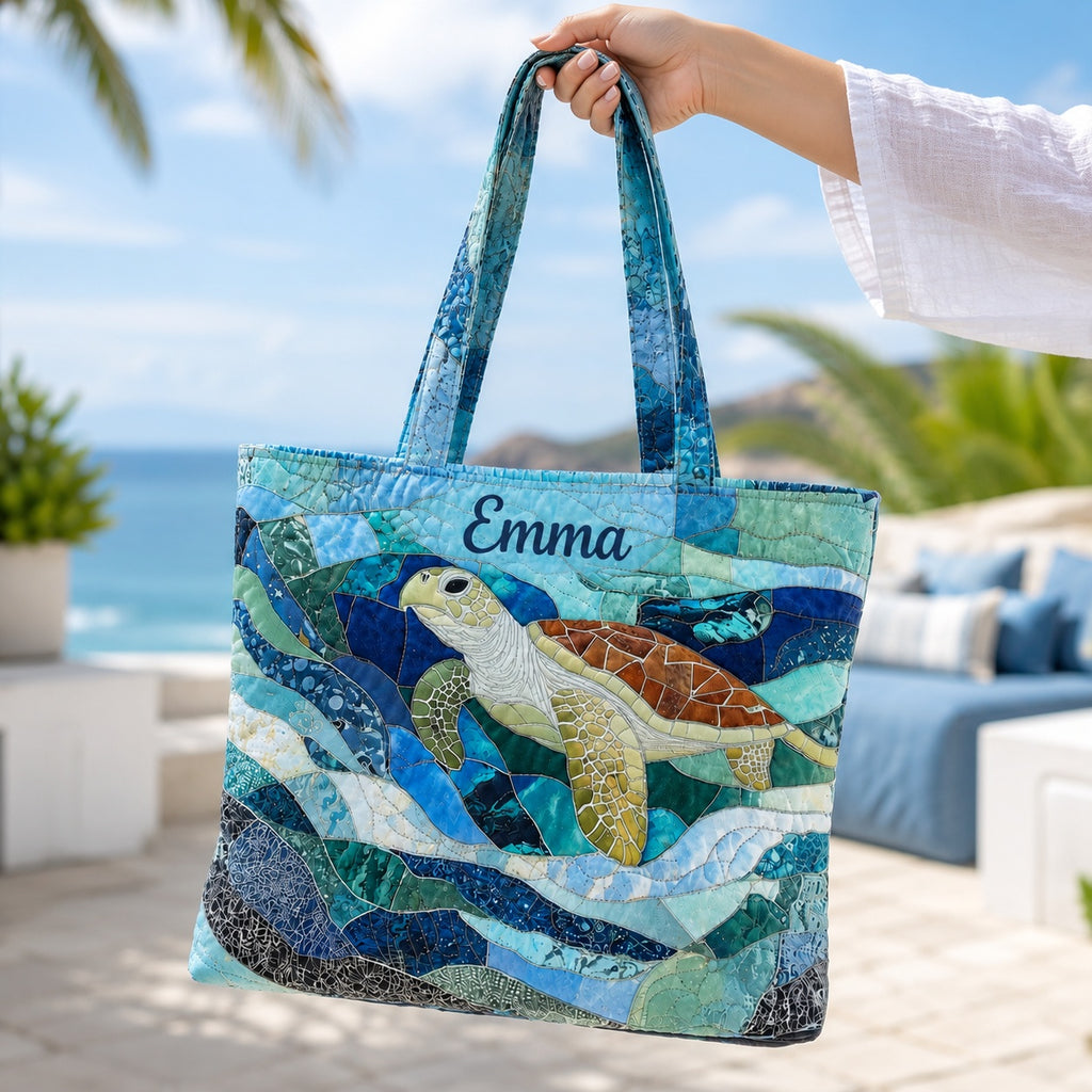 Ocean Mosaic Art Pattern Quilted Tote Bag, Sea Turtle Shoulder Bag, Marine Life Art Tote, Fabric Tote Bag, Gift Bag QTOTE41