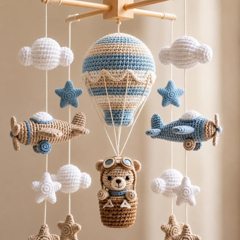 Bear Hot Air Balloon Baby Crib Mobile, Handmade Crochet Aviation Mobile, Airplane Nursery Decor, Pilot Bear Baby Mobile, Baby Boy Gift CrochetBBM15