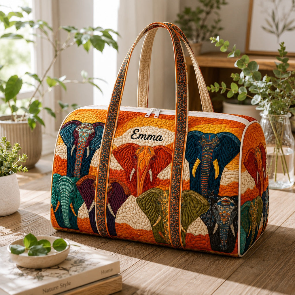 Personalized Elephant Quilted Duffle Bag, African Safari Travel Bag, Custom Name Weekender Bag, Wildlife Lover Gift DFB39