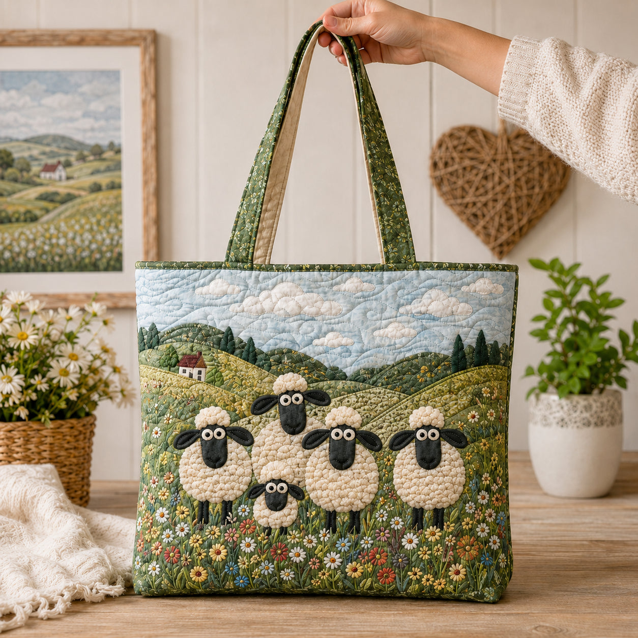 Sheep Quilted Tote Bag, Sheep Tote Bag, Quilted Shoulder Bag, Quilted Book Bag, Fabric Bag QTOTE68