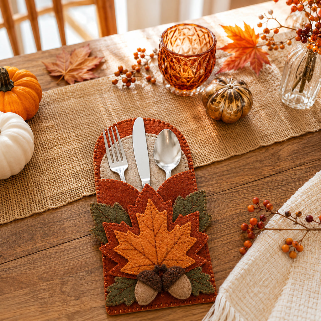 Maple Leaf Felt Silverware Holder, Fall Cutlery Pocket, Thanksgiving Table Decor, Autumn Dining Decor FELTCH17