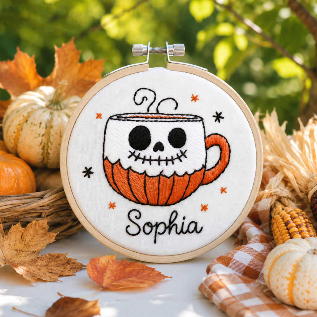 Personalized Halloween Skull Mug Hand-Embroidery Hoop, Custom Name Wall Art, Spooky Coffee Cup Decor, Handmade Fall GiftHOOP18