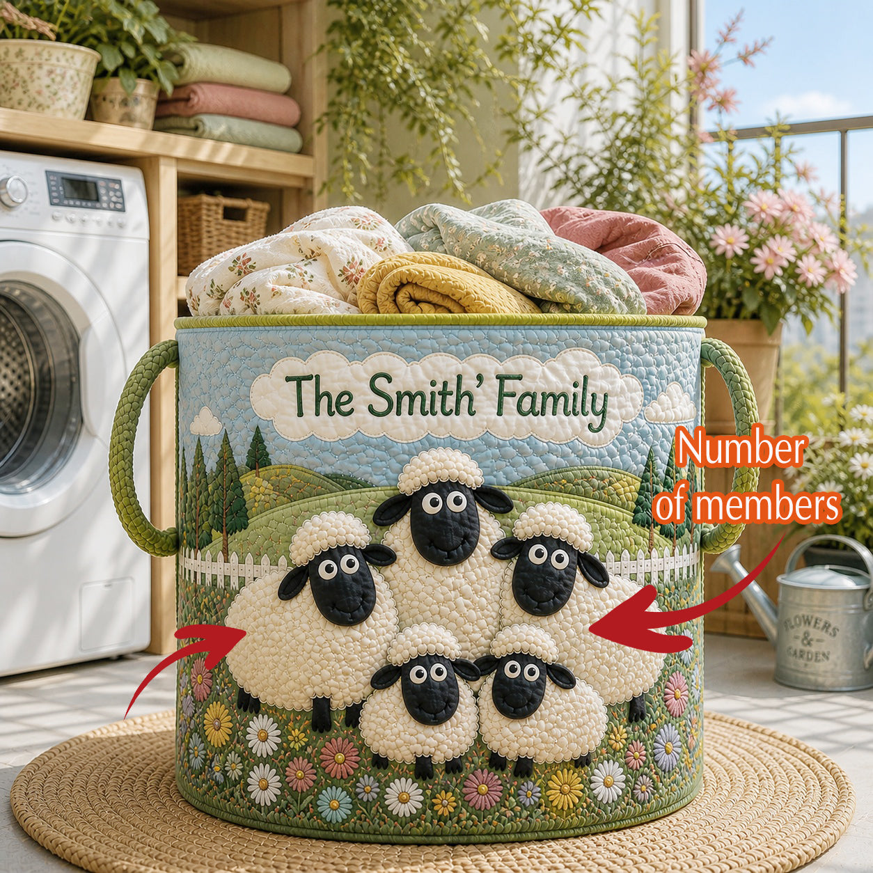 Custom Family Sheep Pattern Quilted Laundry Basket, Sheep Storage Hamper, Custom Name Quilted Basket, Laundry Room Decor, Family Basket, Fabric Clothes Basket QBK82
