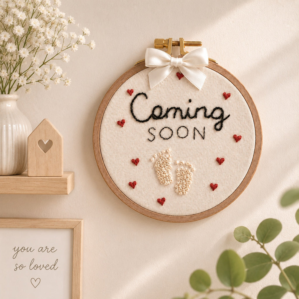 Coming Soon Embroidery Hoop, Hand Embroidered Pregnancy Announcement, Baby Feet Hoop Art, Handmade Baby Reveal Gift, Nursery Decor EM15