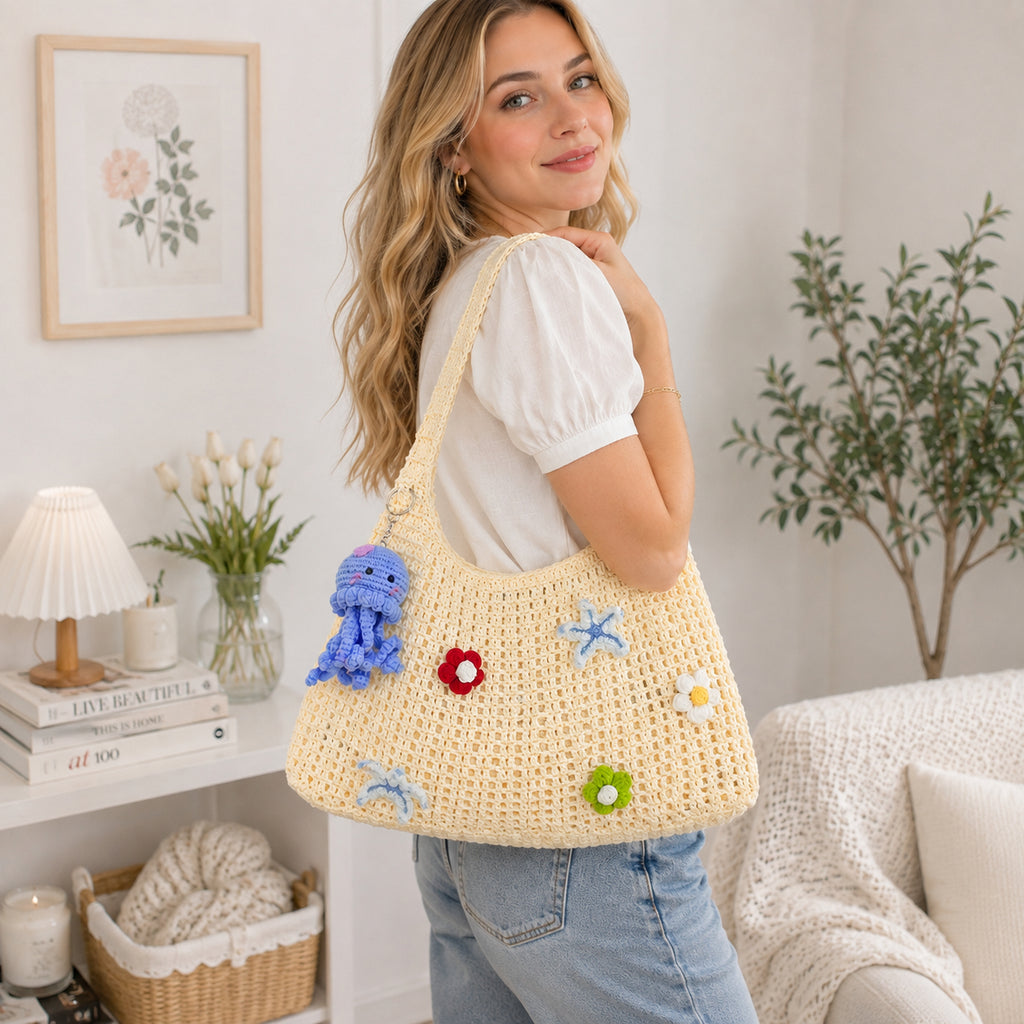 Crochet Beach Tote Bag, Vintage Crochet Bag, Starfish Shoulder Bag, Handmade Coastal Summer Purse Crochet10