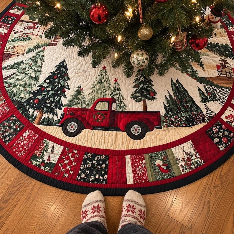 Vintage Red Truck Quilted Tree Skirt, Patchwork Xmas Tree Skirt, Holiday Decor, Xmas Tree Base Cover, Custom Tree Skirt XMASTS17