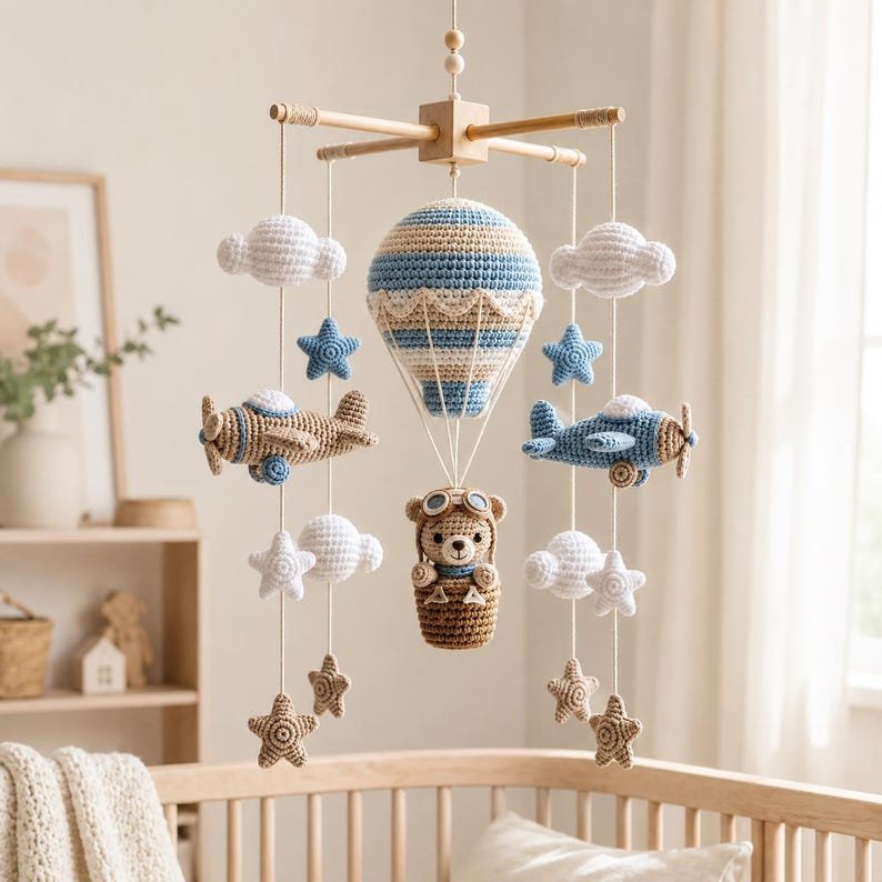 Bear Hot Air Balloon Baby Crib Mobile, Handmade Crochet Aviation Mobile, Airplane Nursery Decor, Pilot Bear Baby Mobile, Baby Boy Gift CrochetBBM15