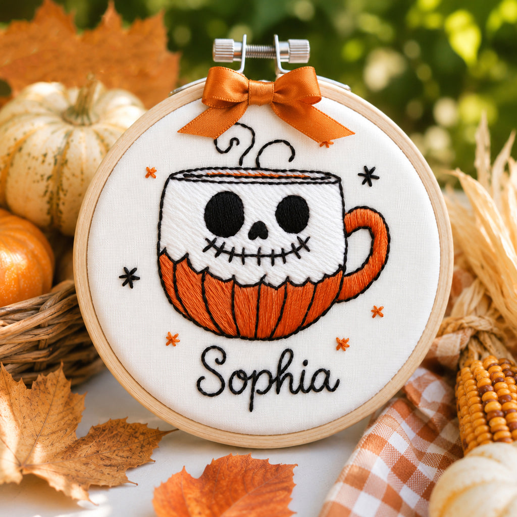Personalized Halloween Skull Mug Hand-Embroidery Hoop, Custom Name Wall Art, Spooky Coffee Cup Decor, Handmade Fall GiftHOOP18
