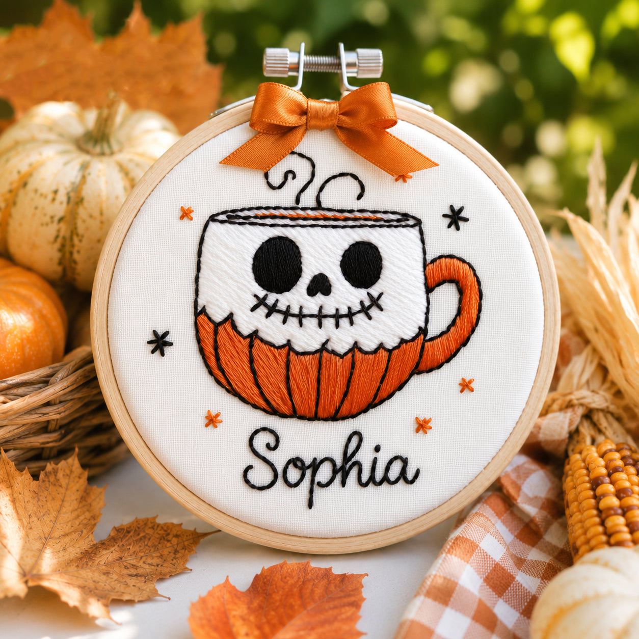 Personalized Halloween Skull Mug Hand-Embroidery Hoop, Custom Name Wall Art, Spooky Coffee Cup Decor, Handmade Fall GiftHOOP18