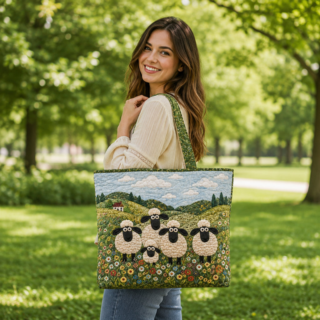 Sheep Quilted Tote Bag, Sheep Tote Bag, Quilted Shoulder Bag, Quilted Book Bag, Fabric Bag QTOTE68
