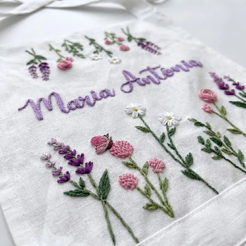 Custom Flowers Hand Embroidered Apron, Handmade Floral Apron With Pocket, Embroidered Apron, Linen Apron, Gardening Apron, Kitchen Apron, Mom Gift EMAP18