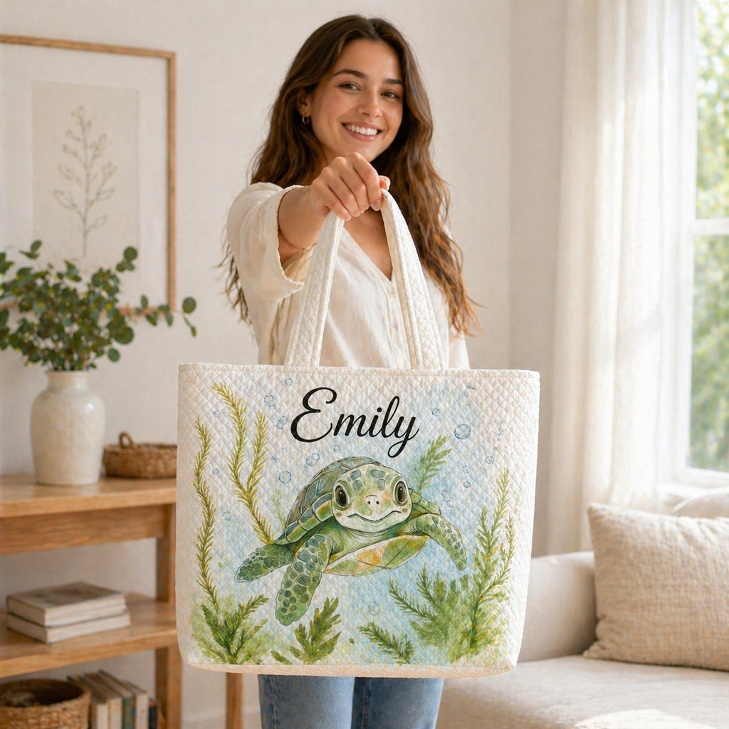Sea Turtle Quilted Tote Bag, Turtle Tote Bag, Quilted Shoulder Bag, Quilted Book Bag, Fabric Bag QTOTE70